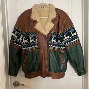 Vintage knit and leather sherpa lined coat